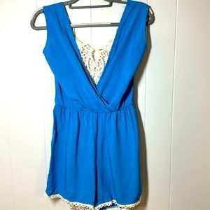 Large NWT Chic Happens Blue Y2K Romper crochet back